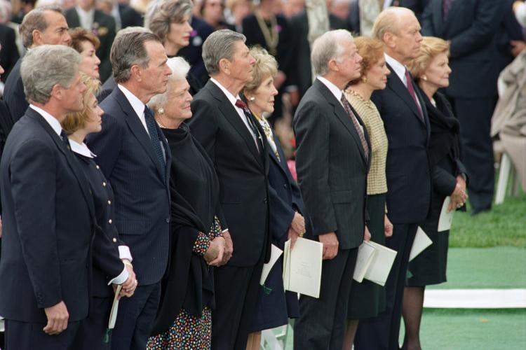 President Clinton and First Lady Hillary Rodham Clinton attending the funeral of President Richard Nixon in Yorba Linda, California. Former Presidents Bush, Reagan, Carter and Ford with First Ladies: Barbara Bush, Nancy Reagan, Rosalynn Carter and Betty Ford are present. Photographed by Barbara Kinney