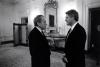 President Clinton meets with former President Richard Nixon at the White House, March 8, 1993, Photographer: Bob NcNeely.