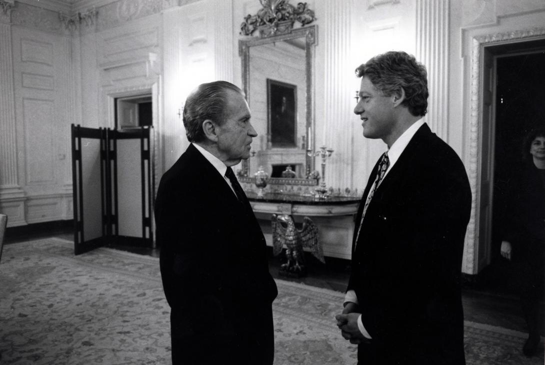 President Clinton meets with former President Richard Nixon at the White House, March 8, 1993, Photographer: Bob NcNeely.