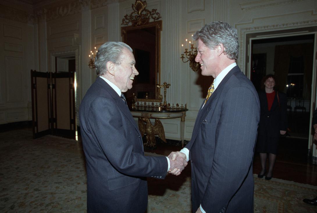 President Clinton meets with former President Nixon in the residence of the White House on March 8, 1993.