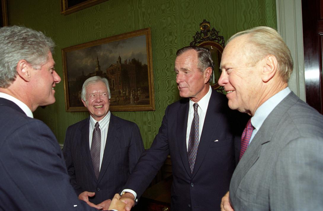 President Clinton in the Green Room with Former Presidents George H.W. Bush, Jimmy Carter and Gerald Ford before their departure from the White House.