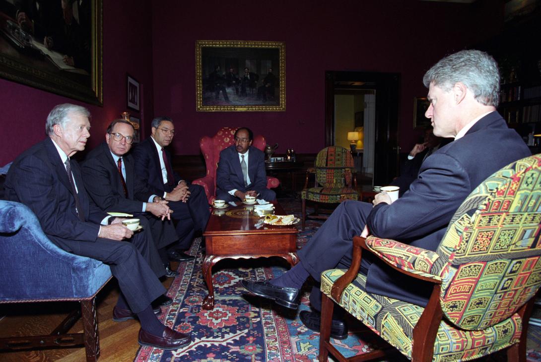 President Clinton meets on Haiti with President Jimmy Carter, Vice President Al Gore, Senator Sam Nunn, General Colin Powell, Tony Lake, Leon Panetta and others in the Residence Treaty Room.