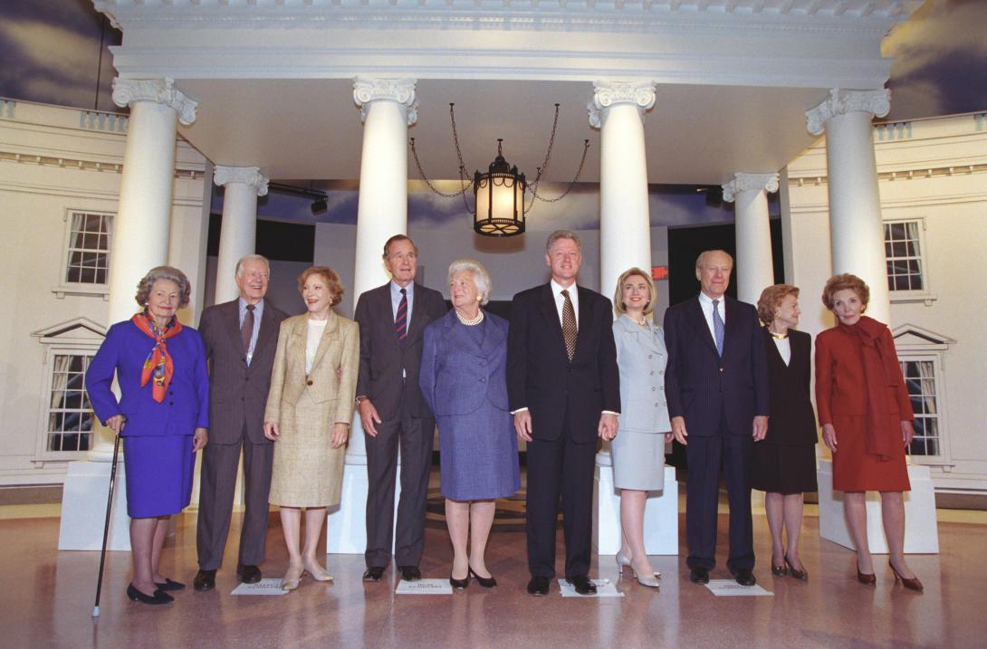 President Clinton with George H.W. Bush, Barbara Bush, Jimmy Carter, Rosalynn Carter, Gerald Ford, Betty Ford, Nancy Reagan and Lady Bird Johnson posing for photographs in the George Bush Presidential Library in College Station, Texas.